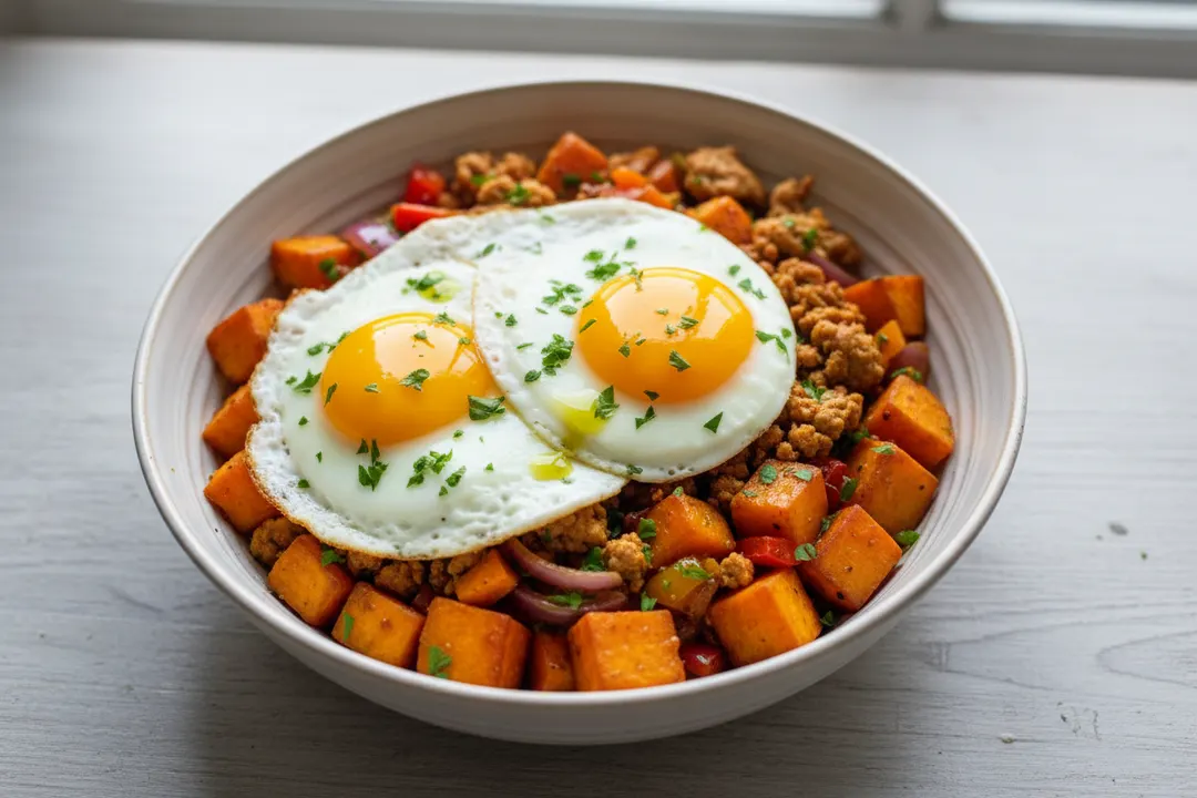 Frühstücksschüssel mit Eiern und Truthahn