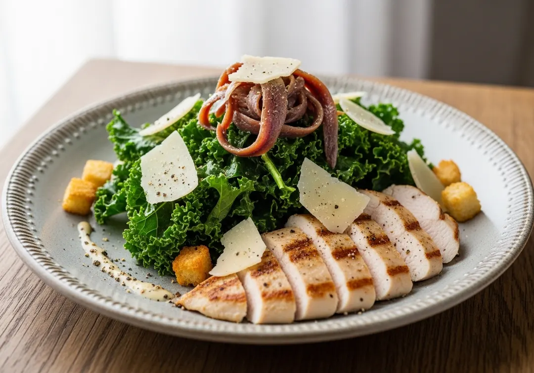 Grünkohl-Caesar-Salat mit gegrilltem Hähnchen