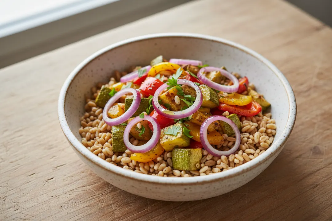 Farro-Schüssel mit geröstetem Gemüse