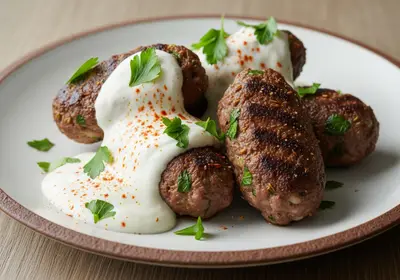 Rinderkofta mit Knoblauch-Joghurt-Sauce
